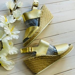 Gold Double Strap Espadrille Wedge Sandal